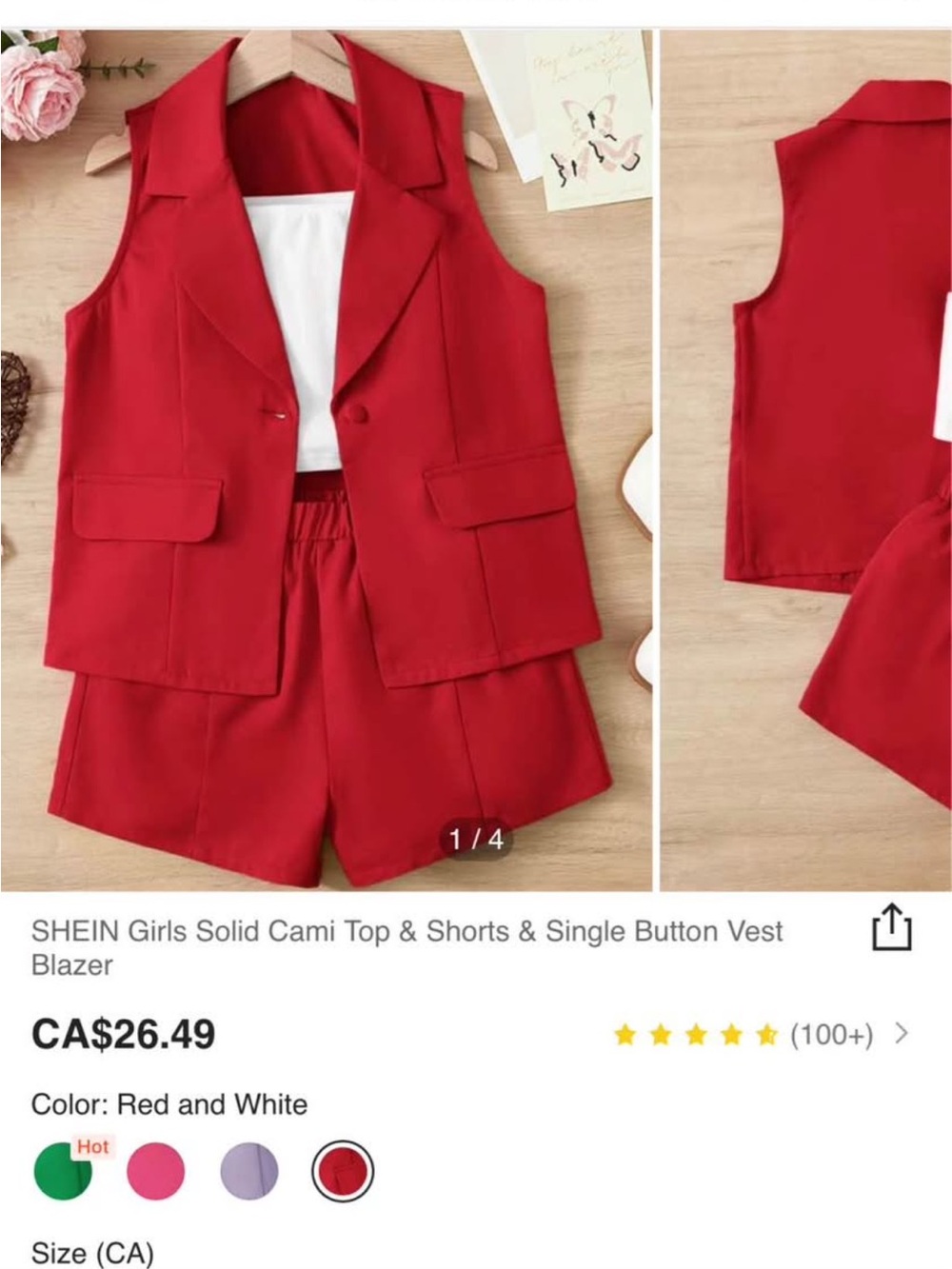 Girls/Youth Red Sleeveless Blazer Vest & Shorts Set